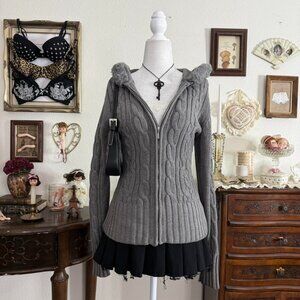 cozy coquette preppy girly grunge gray cable knit hooded zip up cardigan w faux